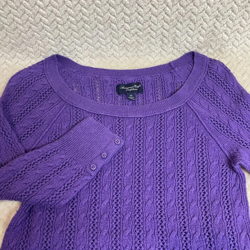 American Eagle Outfitters Y2K Style Purple Cable Knit 3/4 Sleeve Skinny Sweater - Picture 8 of 10